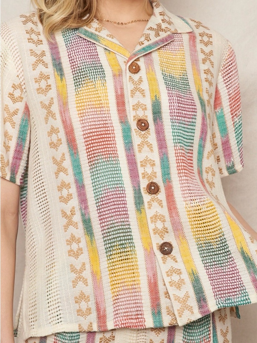 En Crème Crochet Knit Button Up Camp Shirt Colorful Resort Beach Boho Small
